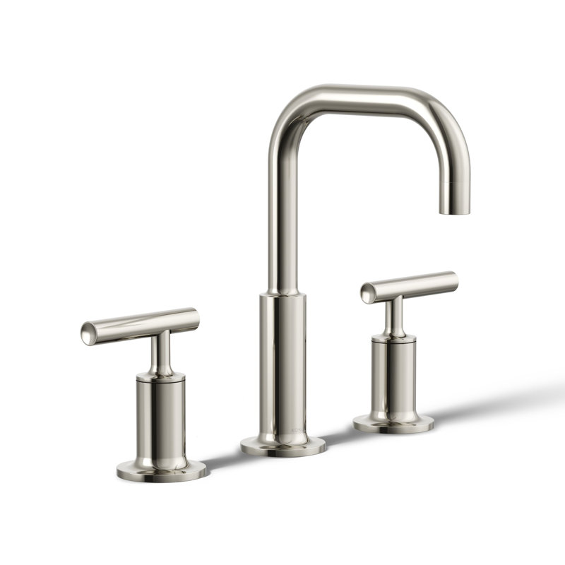 Purist Widespread Faucet with Drain Assembly Low Lever Handles and Low Gooseneck Spout, Vibrant Polished Nickel