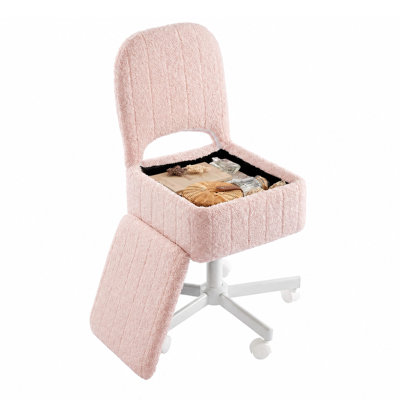 Tabouret de coiffeuse en fausse fourrure de lapin avec rangement, fauteuil pivotant réglable en hauteur avec dossier rabattable et roulettes silencieuses, repose-pieds de maquillage pour chambre et bureau, petit rose