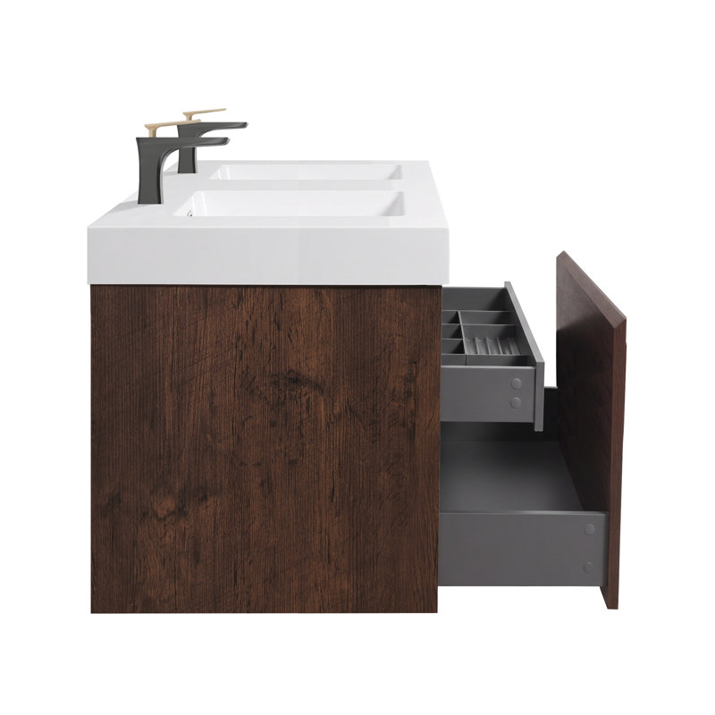 72" Modern Wall-Mounted Double Bathroom Vanity with Dark Walnut Finish, Nested Drawers and Integrated Glossy White Sink