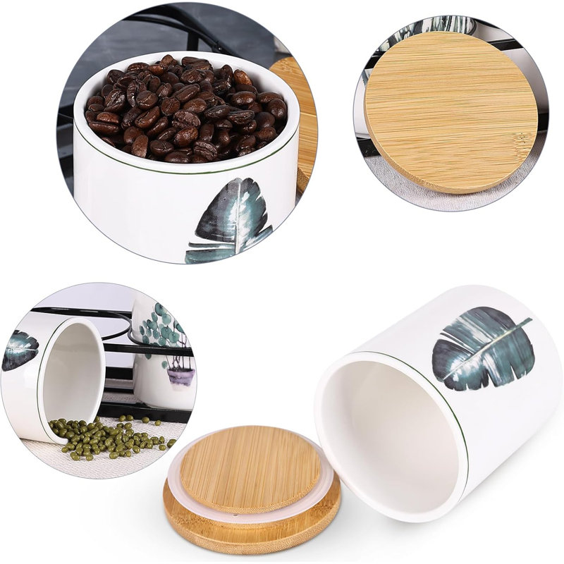 Green Ceramic Kitchen Canisters Set with Bamboo Lids and Tiered Shelf