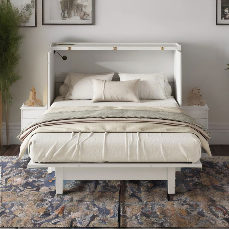 Lit escamotable en bois massif Eckart, Blanc, Double