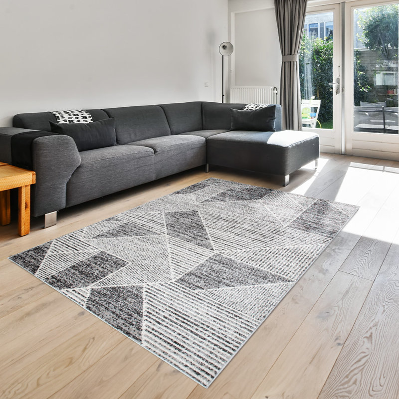 Lenwood Geometric Shapes Area Rug, Rectangle 60 x 110cm, Gray/Silver