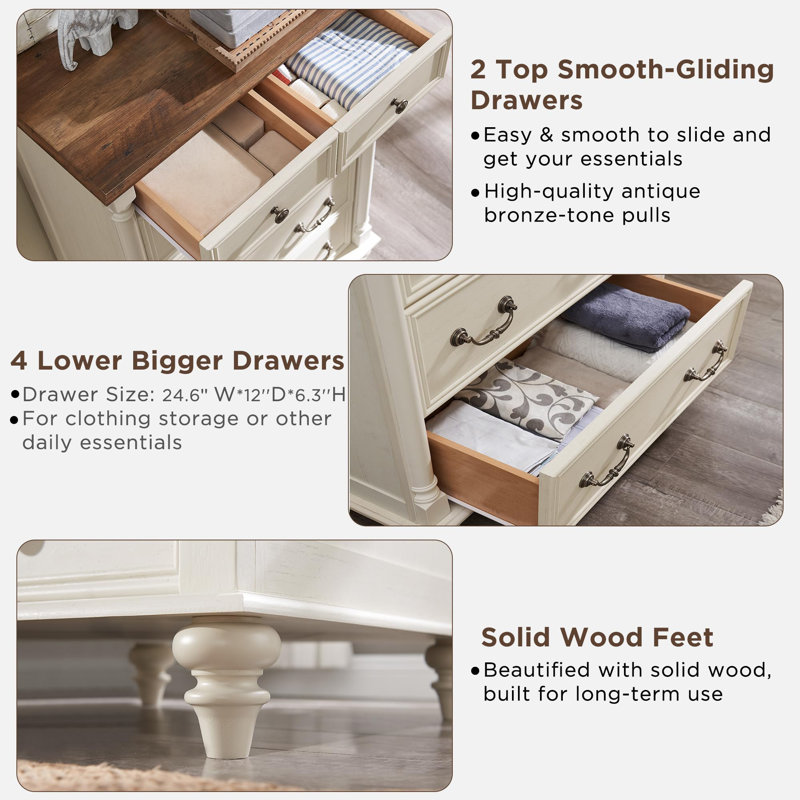Antique White Solid Wood Farmhouse 6-Drawer Dresser Chest