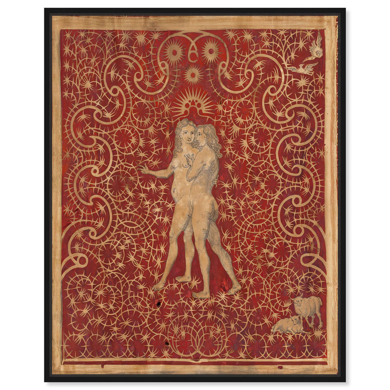 Adam et Eve dans le jardin , H 21 po x l 17 po, Cadre flottant noir