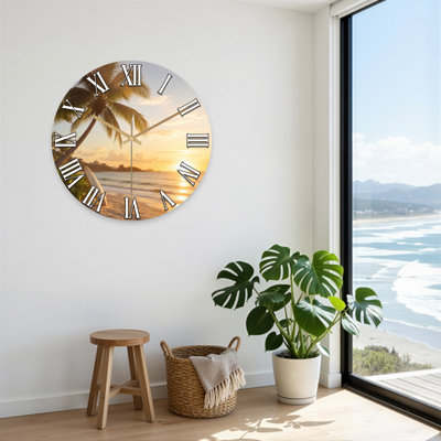 Landscape & Nature Tropical Beach Sunset Palm Tree Surfboard Clock Face Ultra Clear Glass Wall Clock