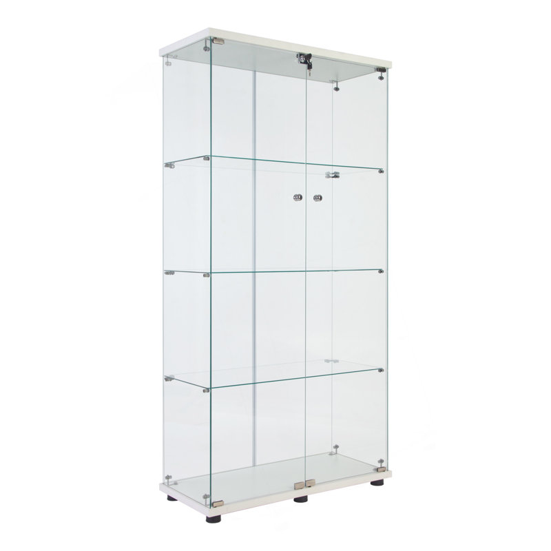 LED Strip Light Two Door Glass Cabinet Glass Display Cabinet With 4 Shelves, White