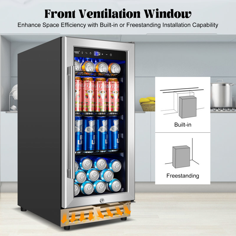 15 Inch Built-in/Freestanding Beverage Refrigerator Cooler 130 Can Beer Cooler Mini Beer Drink Fridge with Glass Door and Lock Under Counter Classic Series