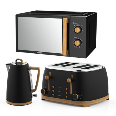 GEEPAS 20L Microwave Oven 700W, 4 Slice Toaster & 1.7L Electric Kettle Combo Set Nordiq Design | Matte Finish With Wood Accents | 1500W Bread Toaster & 3000W Rapid Boil Cordless Jug Kettle | Cream