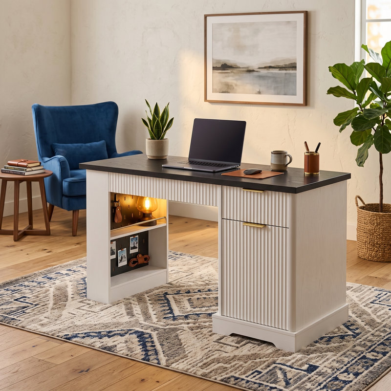 Bureau cannelé moderne 55 "avec prise de courant et armoire de rangement, blanc, Blanc
