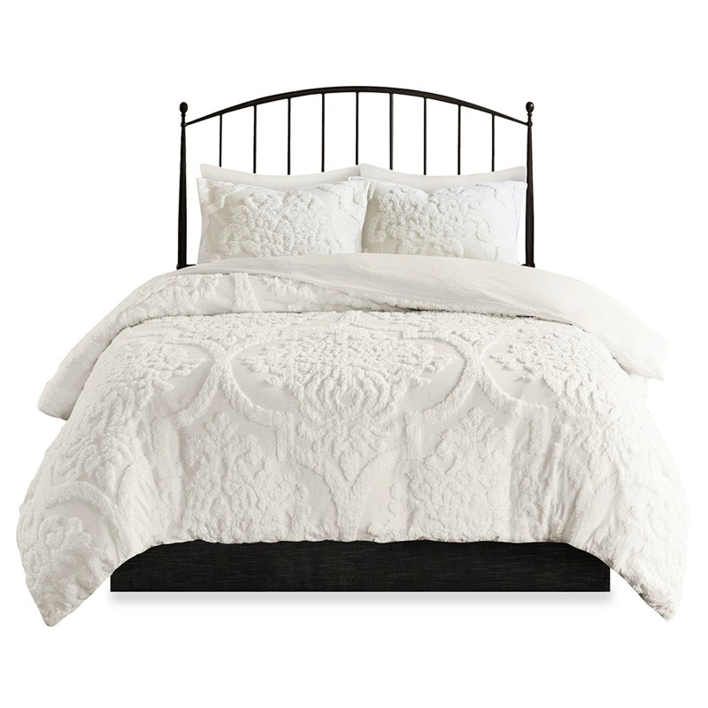 Literie en chenille de coton très grand / très grand, 3 pièces, blanc, 2 taies décoratives, fermeture à boutons, attaches de coin, lavable à la machine, housse de couette blanche de style Tranquille, très attrayant