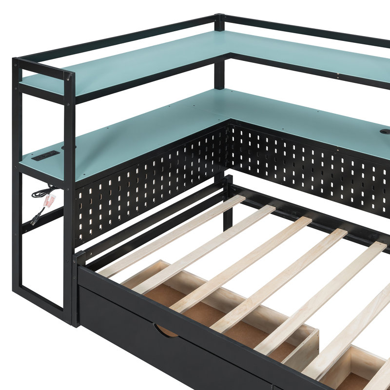 Modern Twin Platform Bed With Storage Drawers, Built-In Charging Station, Lighted Shelves & Pegboard, Space-Saving Reversible Daybed
