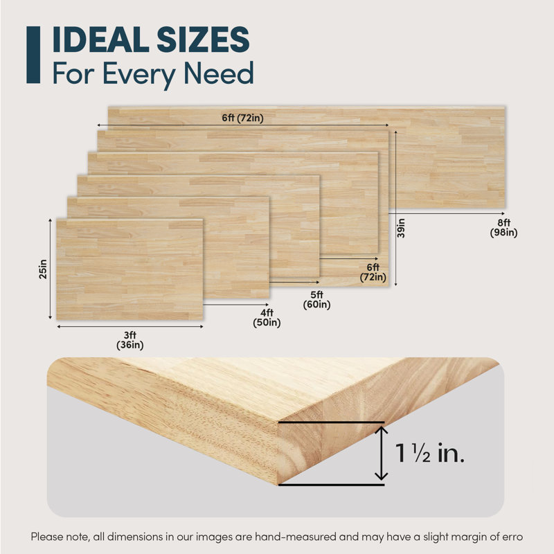 Comptoir en bois massif Hevea, H 1,5 po x l 96 po x P 25 po, Non fini