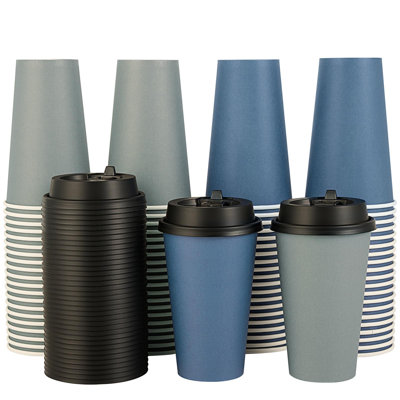 100 Pack 16 Oz Disposable Paper Coffee Cups With Lids For Coffee, Water, Juice, Or Tea, Blue And Gray Hot Paper Cups For Home, Restaurant, Store, And Cafe