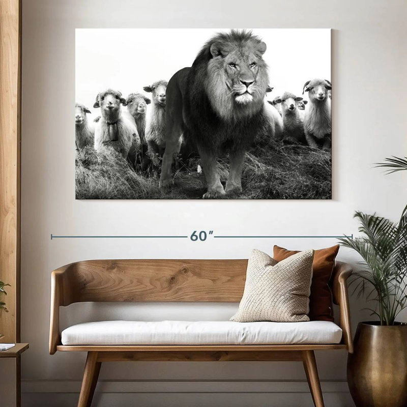 Lion parmi les moutons, H 34 po x l 51 po