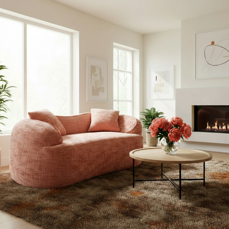 Canapé courbé 67 po avec accoudoirs rembourrés avec 2 coussins pour petit espace, salon, chambre à coucher, Rose