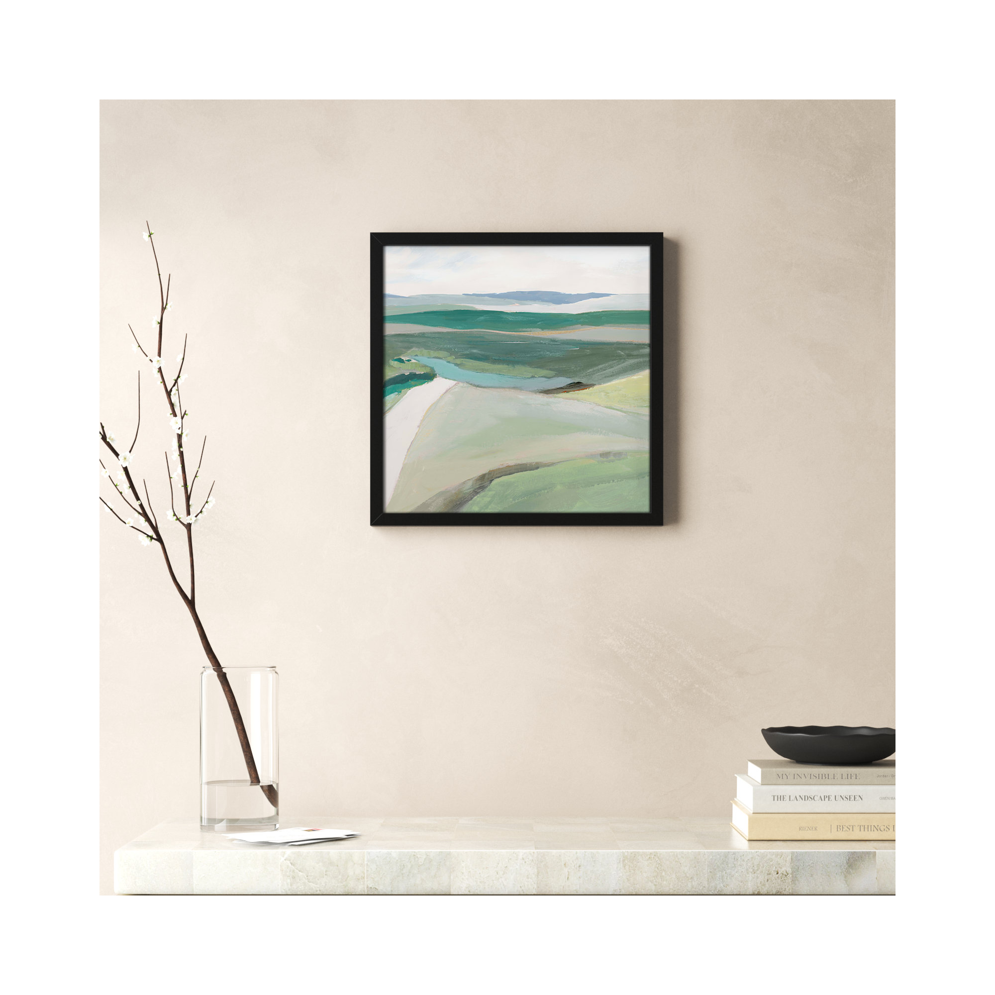Fields Of Green II by - Single Picture Frame Print, 17" H x 17" W x 1.25" D, Satin Black Framed