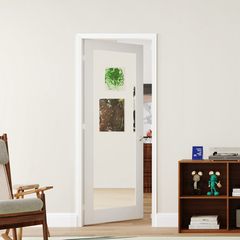 Porte intérieure française pré-suspendue double 1 lumière de style moderne avec cadre en bois massif et bois manufacturé blanc avec cadre et poignée (ensemble de 2)