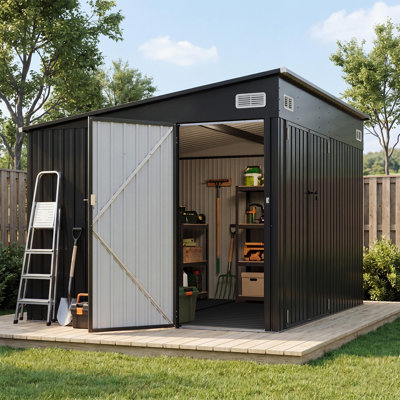 10 Ft. W X 8 Ft. D Metal Lean-to Storage Shed  With Floor and Three Doors,Black