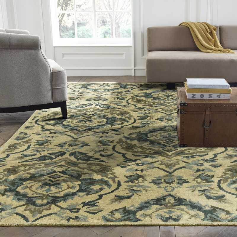 Katlyn Wool Damask Area Rug in Olive Green/Blue/Beige, Rectangle 7'6" x 9'6"