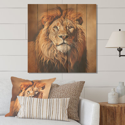 Portrait d'un lion royal doré II - animal lion sur bois