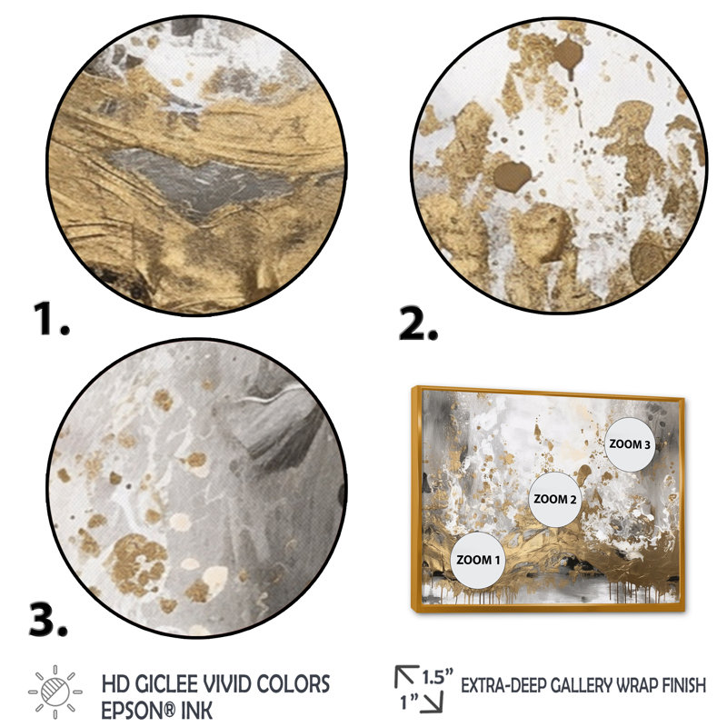 Art moderne abstrait blanc et or - art mural abstrait, H 34 po x l 44 po x P 1,5 po, Cadre flottant doré