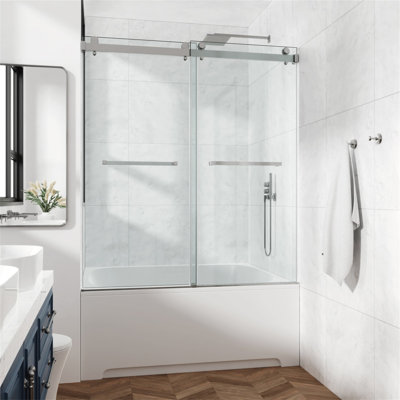 66 po x 66 po, porte de douche coulissante double sans cadre, porte de douche double, verre trempé de 3/8 po (10 mm), acier inoxydable