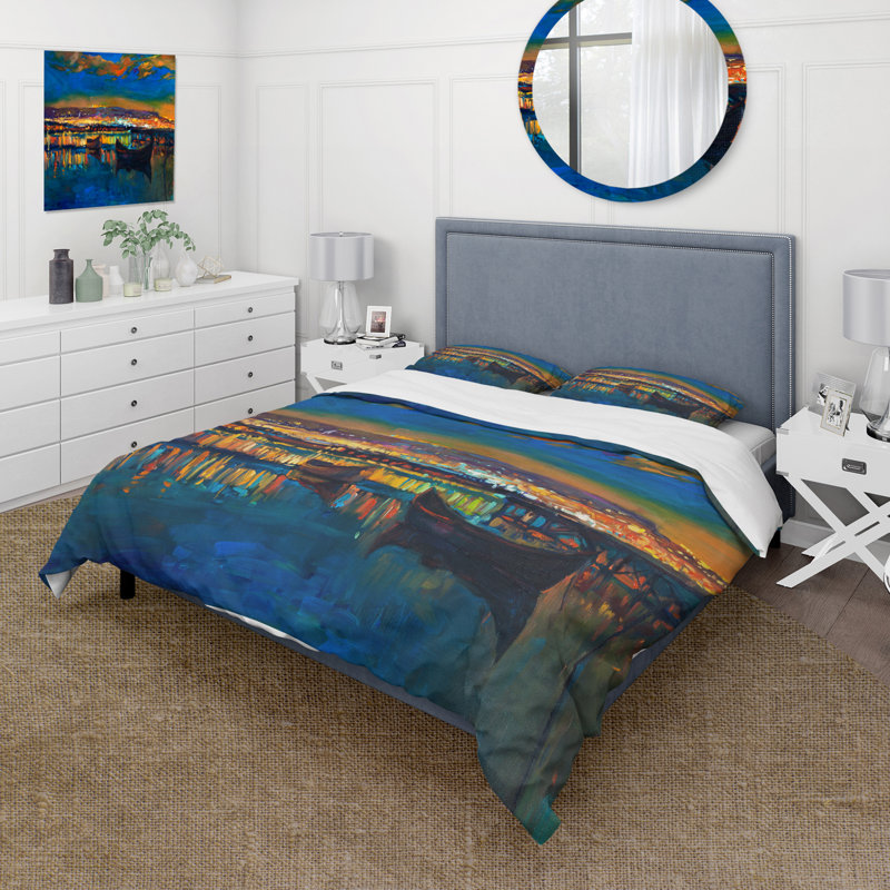 Deux petits bateaux dans le village - ensemble de housse de couette nautique et côtier - polyester microfibre