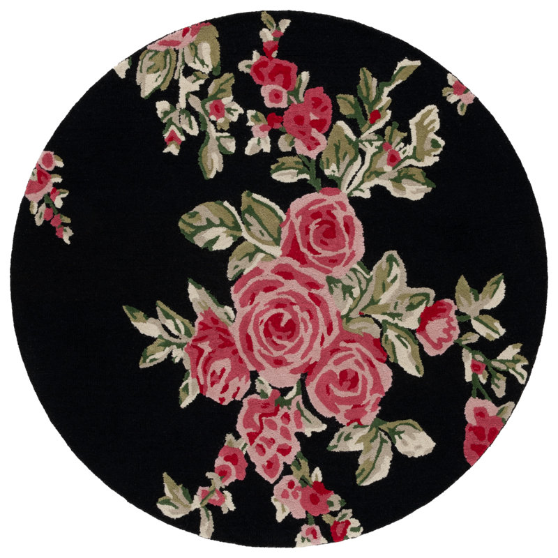 Tapis floral rose / noir en laine / coton touffeté à la main Jardin, Rond 6 pi