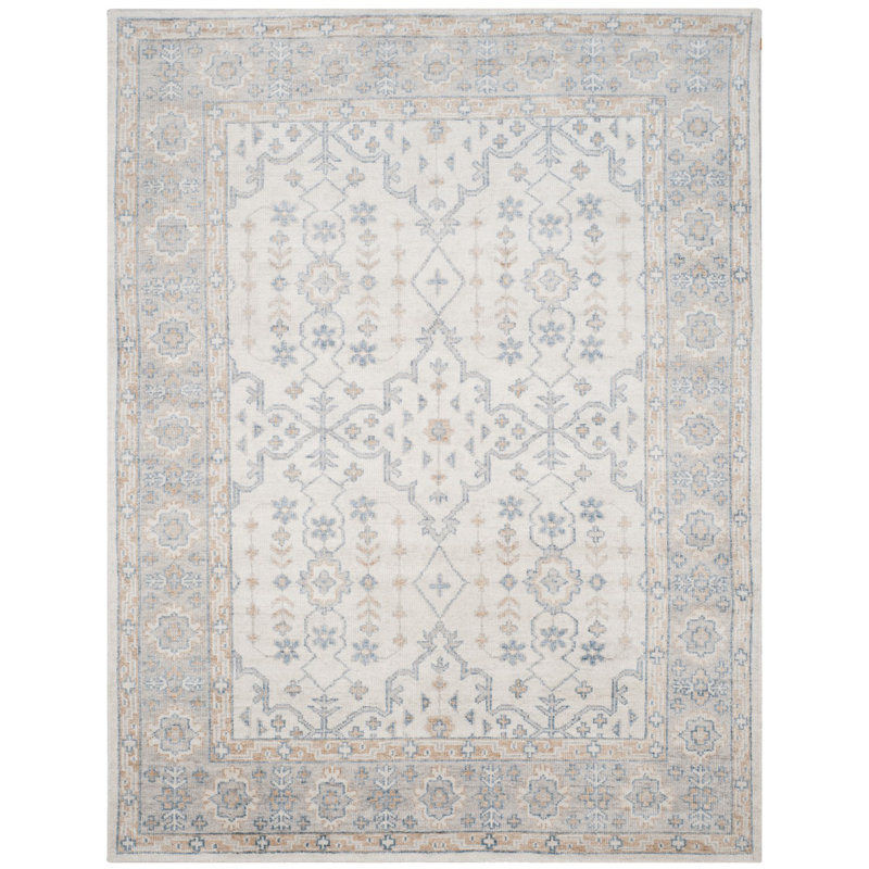 Tapis ivoire / bleu en soie noué à la main Yassine, Rectangle 4 pi x 6 pi