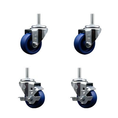 3 Inch_Solid Poly Wheel Swivel 5/8 Inch Threaded Stem Caster Set 2 Brakes