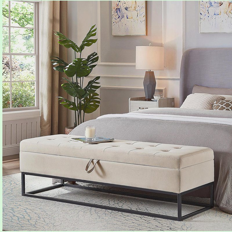Banc de rangement en velours 58,6 pouces avec base en métal, beige, Beige