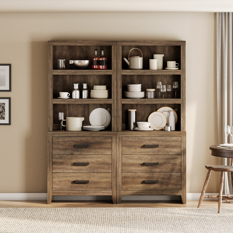 74" Tall Bookbookshelf, Large Farmhouse Bookcase With 3 Drawers Set Of 2, Wood Bookshelves Storage Cabinets For Living Room, Home Office, Library, Brown