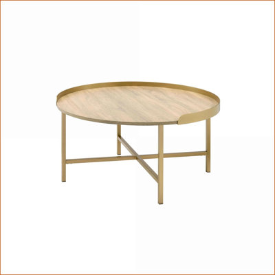 Chêne contemporain Table basse dorée - Plateau rond avec base en métal robuste pour le salon