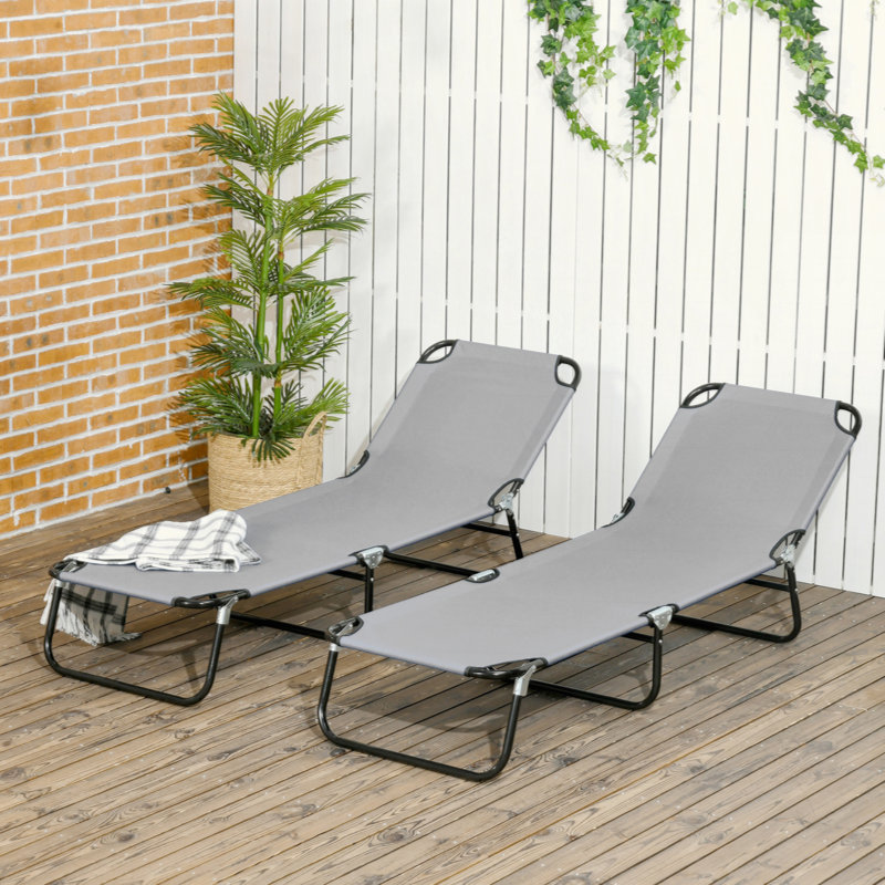 2 Piece Folding Chaise Lounge Pool Chairs, Outdoor Sun Tanning Chairs With 5-Level Reclining Back, Steel Frame For Beach, Yard, Patio