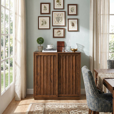 Solid Wood Trim Mid-century Storage Cabinet with Sliding Doors for Kitchen Dining & Hallway