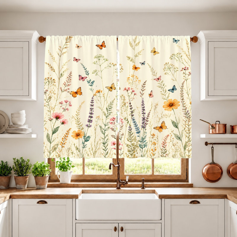 Lot de 2 rideaux vintage à motifs floraux et papillons, imprimé prairie fleurie, style botanique, thème shabby chic, décoration de fenêtre idéale pour la chambre, le salon ou une maison de campagne, installation à œillets, tissu filtrant la lumière
