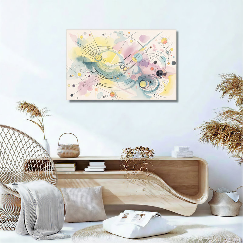 Aquarelle abstraite, cercles et lignes aux couleurs pastel, H 32 po x l 48 po