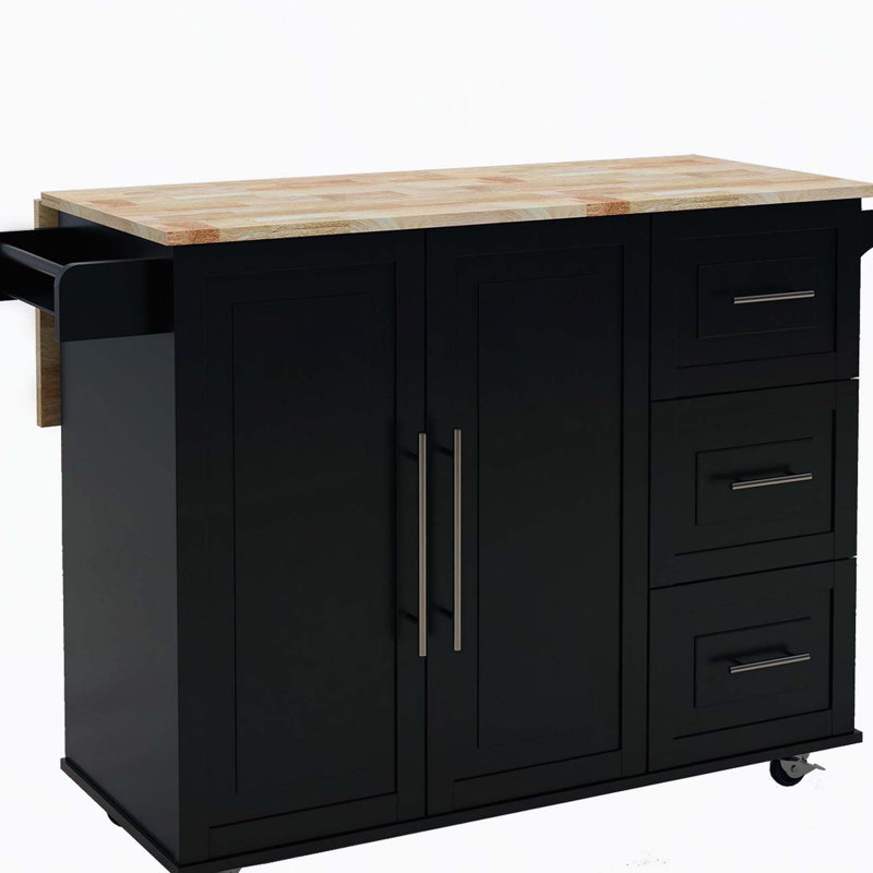 Kitchen Island with Spice Rack, Towel Rack and Extensible Solid Wood Table Top-Black, Black