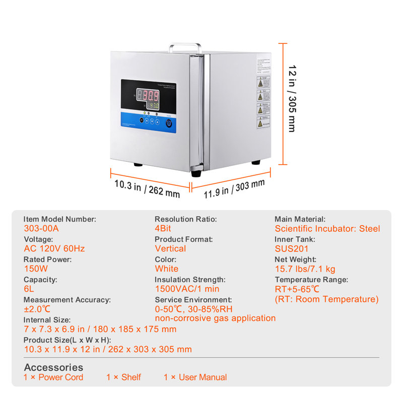 Incubateur microbiologique de laboratoire 6L, contrôle précis de la température de 0 ° C à 65 ° C