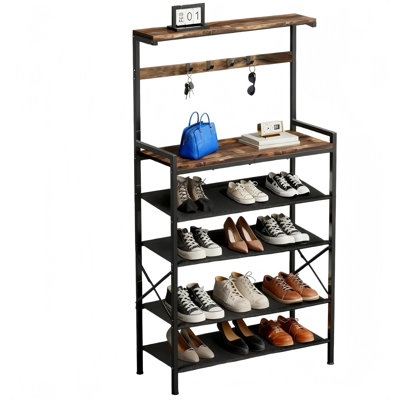 6 Tier Wooden Entryway Shoe Storage Organizer For 16-20 Pairs,Tall Shoe Rack With Hooks And 4 Adjustable Oxford Fabric Shelves,Shoe Shelf For Closet E