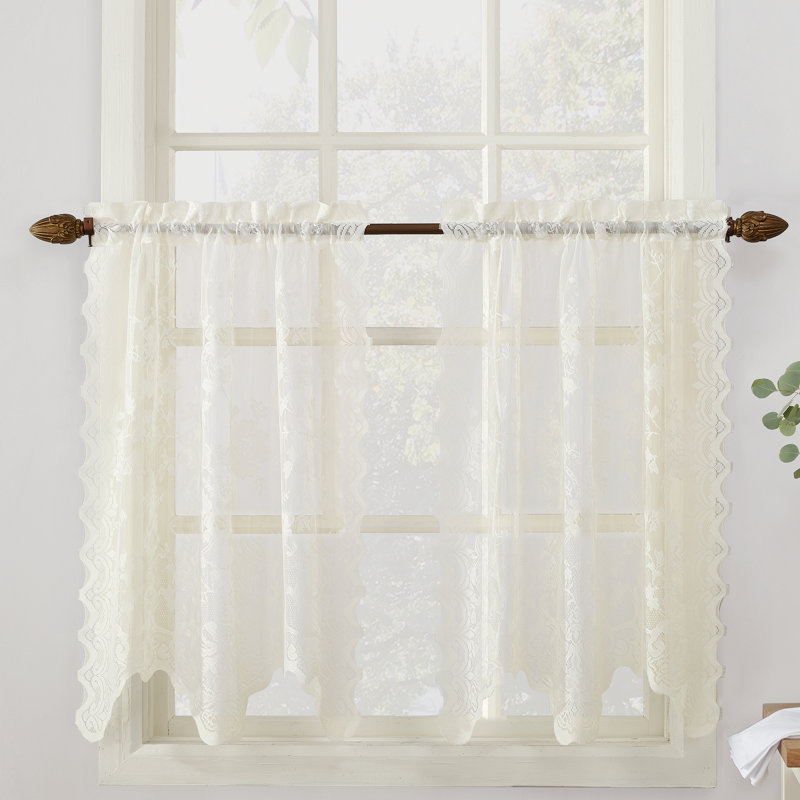 Alejo Floral Lace Sheer Rod Pocket Kitchen Curtain Tier Pair, 58" W x 24" L, Ivory