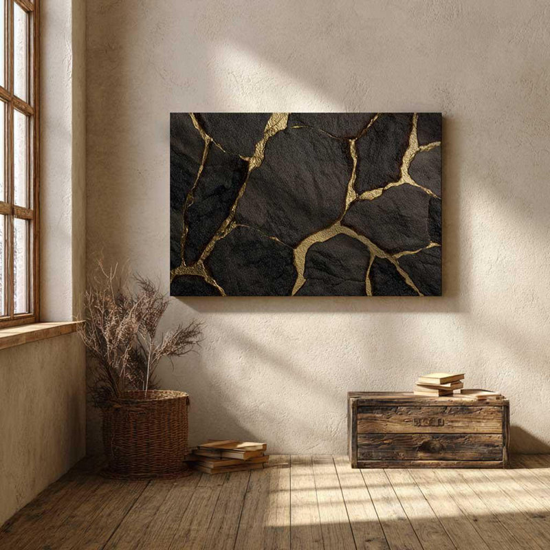 Toile Kintsugi noire et dorée, art abstrait pierre craquelée - impression Wabi Sabi moderne, décoration murale de luxe en marbre pour le salon