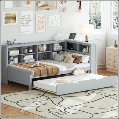 Wooden Daybed With Twin Size Trundle, Storage Shelf, And USB Charging Ports For Modern Living