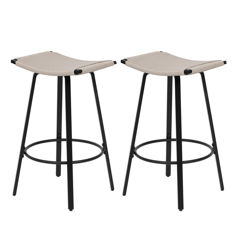 Counter Height Bar Stools Backless Handwoven Kitchen Dining Chairs With Round Footrest Set Of 2 PVC Weaving Pub Stool For Indoor & Outdoor (Black & Creamy White)
