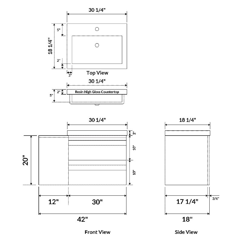 Meuble-lavabo mural simple l 18 po x P 42 po x H 22 po