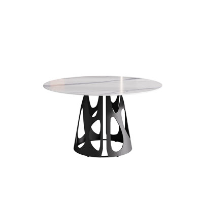 Table de salle à manger ronde de 53 po avec plateau en pierre frittée blanche et base en fer, résistante aux égratignures, pouvant accueillir 6 personnes et 6 personnes, blanc, stable en métal, pour le salon
