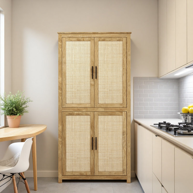 Garde-manger de 64 po, grande armoire de rangement avec 4 portes en rotin, 4 tablettes à niveaux et tablette réglable, naturel