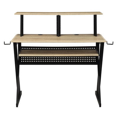 Bureau de musique naturel et noir avec gestion des câbles, bois et métal, 1 pièce, bureau, naturel et noir