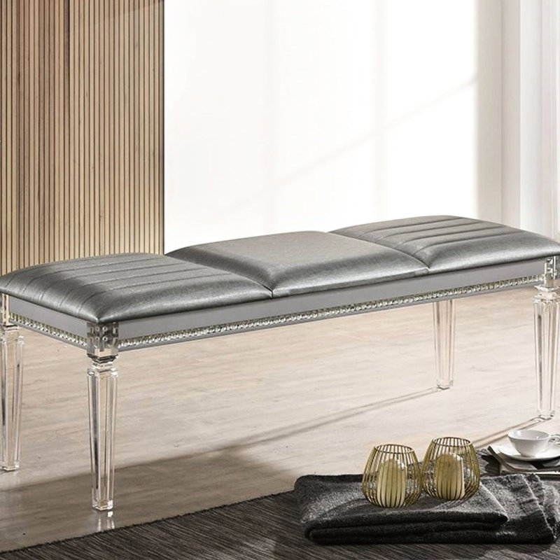 Superbe banc argenté avec pieds en bois massif et acrylique avec détails en cristal de style contemporain pour chambre à coucher