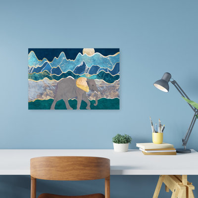 Golden Elephant Mountains Abstract Contemporary Elephant Landscape Mountain Wall Art Print 1 Piece Wrapped Canvas Wall Art
